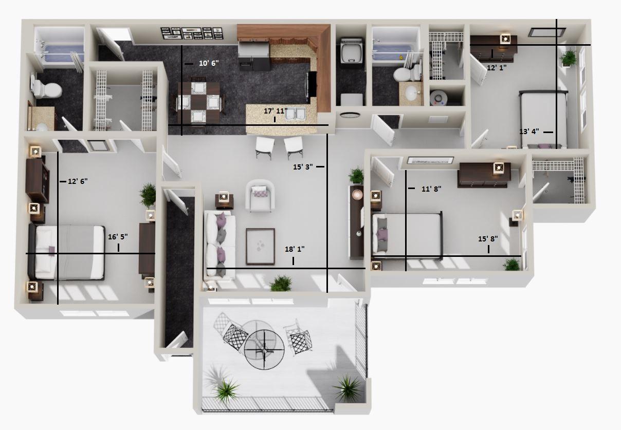 A floor plan of an apartment with a kitchen